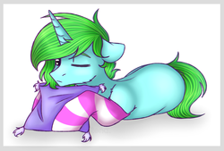 Size: 2024x1366 | Tagged: safe, artist:renalalka, oc, oc only, oc:pixel bit, pony, unicorn, clothes, digital art, green hair, green mane, green tail, male, one eye closed, pillow, prone, signature, simple background, socks, solo, stallion, striped socks, white background, ych result