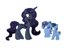 Size: 1960x1336 | Tagged: safe, artist:twilightcraft, oc, oc only, oc:moon magic, oc:night dreams, oc:night sky, alicorn, pony, unicorn, brother and sister, colt, ethereal mane, female, filly, foal, folded wings, horn, male, mare, next generation, offspring, parent:king sombra, parent:princess luna, parents:lumbra, siblings, simple background, sisters, starry mane, white background, wings