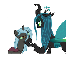 Size: 2152x1704 | Tagged: safe, artist:twilightcraft, queen chrysalis, oc, oc:dark magic, changeling, changeling queen, g4, bad cropping, changeling queen oc, crown, duo, female, horn, insect wings, jewelry, mommy chrissy, mother and daughter, next generation, parent:queen chrysalis, queen, regalia, wings
