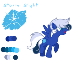 Size: 768x768 | Tagged: safe, artist:toxicspots, oc, oc only, oc:storm sight, pegasus, pony, blue eyes, color palette, cutie mark, female, happy, mare, next generation, offspring, open mouth, parent:double diamond, parent:night glider, parents:nightdiamond, reference sheet, short mane, simple background, solo, spread wings, transparent background, wings