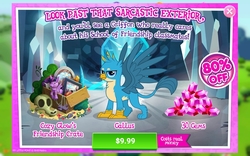 Size: 1280x800 | Tagged: safe, gameloft, cozy glow, gallus, griffon, g4, advertisement, costs real money, crack is cheaper, game, game screencap, gem, introduction card, male, paws, sale