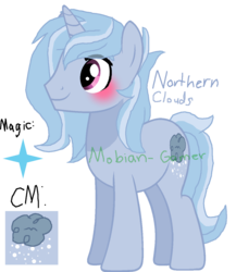 Size: 1121x1291 | Tagged: safe, artist:mobian-gamer, oc, oc only, oc:northern clouds, pony, unicorn, alternate universe, blue hair, blushing, cutie mark, magicverse, male, next generation, obtrusive watermark, offspring, parent:cloudchaser, parent:north star, parents:northchaser, pink eyes, simple background, solo, stallion, transparent background, watermark