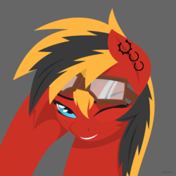Size: 1280x1280 | Tagged: safe, artist:hoverrover, oc, oc only, oc:twotail, earth pony, pony, bust, ear piercing, earring, female, goggles, gray background, grin, hooves, jewelry, lineless, mare, one eye closed, piercing, portrait, simple background, smiling, solo