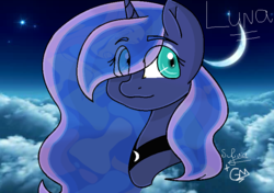 Size: 780x548 | Tagged: safe, artist:greenmarta, princess luna, alicorn, pony, g4, bust, cloud, cloudy, crescent moon, ethereal mane, eye clipping through hair, female, horn, looking right, mare, moon, peytral, princess, sky, smiling, solo, starry mane, stars