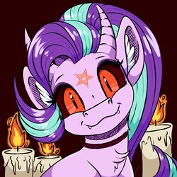 Size: 4093x4093 | Tagged: safe, artist:faline-art, starlight glimmer, bicorn, demon, demon pony, monster pony, pony, g4, :3, absurd resolution, baphomet, black sclera, candle, choker, curved horn, fangs, female, horn, looking at you, mare, multiple horns, pentagram, slit pupils, solo, species swap