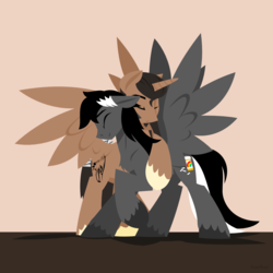 Size: 1280x1280 | Tagged: safe, artist:hoverrover, oc, oc only, oc:chief kiviuq, oc:mixy, alicorn, pegasus, pony, alicorn oc, eyes closed, hooves, horn, hug, lineless, male, spread wings, stallion, wings
