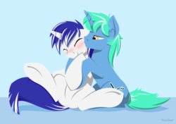 Size: 1280x900 | Tagged: safe, artist:hoverrover, oc, oc only, oc:slappy, oc:vocalscorepony, pony, unicorn, blushing, duo, ear fluff, eyes closed, floppy ears, gay, hooves, horn, kissing, lineless, male, spread legs, spreading, stallion