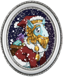 Size: 2088x2566 | Tagged: safe, artist:haselwoelfchen, rockhoof, earth pony, pony, g4, beard, braid, christmas, christmas presents, clothes, coat, costume, facial hair, gift giving, gift wrapped, hat, headband, high res, holiday, male, picture frame, present, santa claus, santa costume, santa hat, santa sack, simple background, snow, solo, stallion, transparent background
