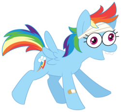 Size: 1232x1144 | Tagged: safe, artist:skippyrip, rainbow dash, pegasus, pony, g4, bandage, bandaid, derp, female, mare, open mouth, rainbow crash, simple background, smiling, solo, spread wings, teeth, transparent background, wide eyes, wings