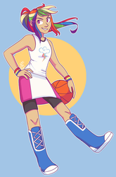 Size: 749x1134 | Tagged: safe, artist:skippyrip, rainbow dash, human, g4, abstract background, ball, basketball, boots, clothes, color outline, compression shorts, cute, cutie mark, cutie mark on clothes, female, hand on hip, humanized, ponytail, shirt, shoes, shorts, skirt, solo, sports, tan skin, tank top, vulgar description, wristband