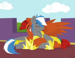 Size: 1280x1000 | Tagged: safe, artist:hoverrover, oc, oc only, oc:captain sunride, oc:cloud zapper, pegasus, pony, armor, blushing, cloud, ear fluff, eyes closed, gay, hooves, hug, lineless, lying down, male, prone, royal guard, shipping, smiling, spread wings, stallion, wings