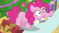 Size: 1280x720 | Tagged: safe, screencap, pinkie pie, earth pony, pony, g4, hearth's warming shorts, my little pony best gift ever, the great escape room, chinese, christmas, christmas tree, cute, diapinkes, female, holiday, mare, solo, tree