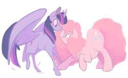Size: 1140x692 | Tagged: safe, artist:bananasmores, pinkie pie, twilight sparkle, alicorn, earth pony, pony, g4, blushing, couple, duo, female, lesbian, looking at each other, mare, nose to nose, ship:twinkie, shipping, simple background, transparent background, twilight sparkle (alicorn)