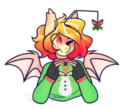 Size: 1801x1573 | Tagged: safe, artist:wooden-willow, oc, oc only, oc:solar shine, bat pony, anthro, anthro oc, bat pony oc, bat wings, christmas sweater, clothes, digital art, eye clipping through hair, female, holly, holly mistaken for mistletoe, mare, one eye closed, signature, simple background, solo, sweater, transparent background, wings, wink, ych result