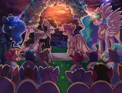 Size: 2690x2048 | Tagged: safe, artist:crybaby, princess celestia, princess luna, oc, oc:pipe dream, oc:technical circuits, pegasus, pony, unicorn, g4, audience, clothes, digital art, dress, female, glowing horn, high res, horn, looking at each other, male, mare, marriage, oc x oc, shipping, signature, stallion, straight, sunset, wedding, wedding dress, ych result