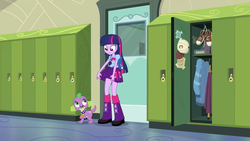 Size: 1920x1080 | Tagged: safe, screencap, spike, twilight sparkle, dog, equestria girls, g4, my little pony equestria girls, canterlot high, clothes, door, hallway, lockers, not an edit, skirt, skirt lift, spike the dog, twilight sparkle's skirt