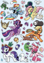 Size: 399x564 | Tagged: safe, artist:yukandasama, angel bunny, applejack, fluttershy, gummy, opalescence, owlowiscious, pinkie pie, rainbow dash, rarity, tank, twilight sparkle, winona, alicorn, pony, g4, spoiler:comic, spoiler:comic13, spoiler:comic14, cute, female, hat, mane six, mare, pirate, pirate hat, shyabetes, twilight sparkle (alicorn)