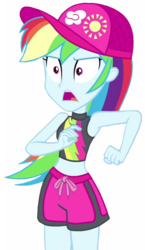 Size: 528x912 | Tagged: safe, edit, edited screencap, editor:lonely fanboy48, screencap, rainbow dash, equestria girls, equestria girls specials, g4, my little pony equestria girls: better together, my little pony equestria girls: forgotten friendship, background removed, bare shoulders, cap, clothes, female, geode of super speed, hat, magical geodes, not a vector, open mouth, rainbow dash's beach shorts swimsuit, simple background, sleeveless, solo, swimsuit, transparent background