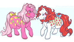 Size: 900x508 | Tagged: safe, artist:suzanami, sugarberry, up up and away, g1, blushing, bow, duo, tail bow, twice as fancy ponies
