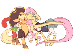 Size: 690x480 | Tagged: safe, artist:bananasmores, applejack, fluttershy, appleshybomb, g4, my little pony: the movie, bandana, bloomers, clothes, costume, couple, duo, feather, female, hat, heart eyes, kissing, lesbian, pirate, pirate applejack, pirate fluttershy, pirate outfit, puffy sleeves, ship:appleshy, shipping, wingding eyes