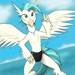 Size: 2449x2449 | Tagged: safe, artist:diego-spike, terramar, classical hippogriff, hippogriff, g4, high res, male, peace sign, solo, speedo