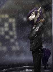 Size: 1999x2666 | Tagged: safe, artist:dementra369, oc, oc only, oc:coffin, anthro, clothes, crossed arms, ear piercing, jacket, male, piercing, snow, snowfall, solo, winter
