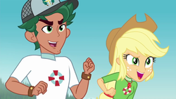 Size: 1280x720 | Tagged: safe, screencap, applejack, timber spruce, equestria girls, equestria girls series, g4, turf war, clothes, geode of super strength, graveyard of comments, lifeguard applejack, lifeguard timber, magical geodes, male, smiling