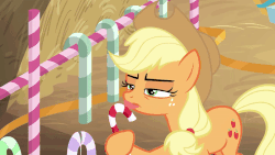 Size: 800x450 | Tagged: safe, screencap, applejack, earth pony, pony, best gift ever, g4, hearth's warming shorts, the great escape room, animated, candy, candy cane, cute, female, food, gif, licking, loop, tongue out