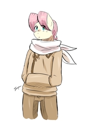 Size: 1109x1594 | Tagged: safe, artist:traupa, fluttershy, anthro, g4, butterscotch, clothes, male, pants, rule 63, simple background, solo, stallion, sweater, white background