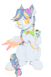 Size: 1000x1500 | Tagged: safe, artist:rhythmpixel, oc, oc only, oc:river chime, oc:seashore swirl, pegasus, pony, 2019 community collab, derpibooru community collaboration, bell, belly button, braid, braided tail, colored hooves, colored wings, ear fluff, female, flower, flower in hair, hairband, lei, lineless, mare, plushie, simple background, sitting, solo, transparent background