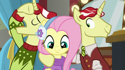 Size: 1280x720 | Tagged: safe, screencap, flam, flim, fluttershy, pony, g4, my little pony best gift ever, flim flam brothers, looking down