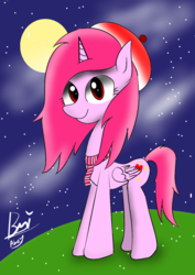 Size: 1000x1414 | Tagged: safe, artist:purplesounds, oc, oc only, pony, clothes, cute, digital art, moon, night, scarf, solo, starry sky