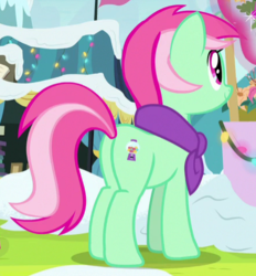 Size: 444x478 | Tagged: safe, screencap, minty bubblegum, pony, unicorn, g4, my little pony best gift ever, background pony, butt, clothes, cropped, female, hearth's warming, mare, plot, scarf, snow, solo, winter outfit