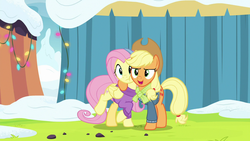 Size: 1280x720 | Tagged: safe, screencap, applejack, fluttershy, pony, g4, my little pony best gift ever, squishy cheeks