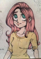 Size: 1100x1578 | Tagged: safe, artist:bubblenote, fluttershy, human, g4, clothes, female, humanized, smiling, solo, traditional art