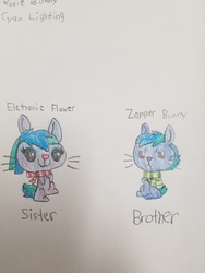 Size: 4032x3024 | Tagged: safe, artist:drypony198, oc, oc:electronic flower bunny, oc:zapper bunny, barely pony related, brother and sister, clothes, cute, female, male, parent:cyan lighting, parent:rosie bunny, parents:cyanrosie, scarf, traditional art