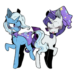 Size: 1280x1172 | Tagged: safe, artist:urbanqhoul, rarity, trixie, pony, unicorn, g4, accessory swap, clothes, eyes closed, female, grin, hat, lesbian, looking back, mare, one eye closed, rarixie, raspberry, shipping, smiling, the great and powerful, tongue out, trixie's hat, wink