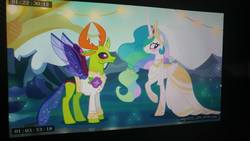 Size: 960x541 | Tagged: artist needed, source needed, safe, princess celestia, thorax, alicorn, changedling, changeling, pony, g4, to where and back again, bride, changeling king, clothes, cute, cutelestia, discussion in the comments, dress, duo, fake, fake leak, fake screencap, faker than a three dollar bill, female, king thorax, male, mare, raised hoof, shipping, spread wings, straight, suit, thoralestia, tuxedo, wedding dress, wedding veil, wings