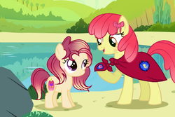 Size: 1416x944 | Tagged: safe, artist:parisa07, apple bloom, oc, oc:apple dreams, pony, g4, adorabloom, cape, clothes, cmc cape, cute, female, filly, lake, mother and daughter, ocbetes, offspring, older, older apple bloom, parent:apple bloom, parent:tender taps, parents:tenderbloom, rock, scenery