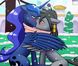 Size: 3500x3000 | Tagged: safe, artist:galacticham, princess luna, oc, oc:ethan eclipse, pony, g4, blushing, canon x oc, canterlot, clothes, garden, high res, kiss on the lips, kissing, looking at each other, mistletoe, scarf, snow