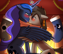 Size: 3500x3000 | Tagged: safe, alternate version, artist:galacticham, princess luna, oc, oc:ethan eclipse, pony, g4, blushing, canon x oc, christmas, christmas stocking, clothes, fireplace, high res, holiday, kiss on the lips, kissing, looking at each other, mistletoe, scarf