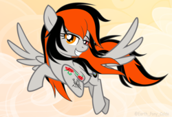 Size: 2884x1967 | Tagged: safe, artist:earth_pony_colds, oc, oc only, oc:cannon car, pegasus, pony, female, flying, looking at you, mare, scar, smiling, solo, tattoo, wings