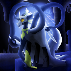 Size: 5800x5800 | Tagged: safe, artist:florarena-kitasatina/dragonborne fox, oc, oc:flavis, changeling, absurd resolution, backlighting, changeling oc, cloak, clothes, columns, commission, crossover, forgotten crossroads, hollow knight, knife, mask, signature, simple background, spikes, tentacles, watermark, weapon, yellow changeling