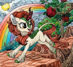 Size: 791x720 | Tagged: safe, artist:red-watercolor, autumn blaze, kirin, g4, sounds of silence, apple, cloud, female, food, fruit, leaves, rainbow, solo, sun, traditional art, tree