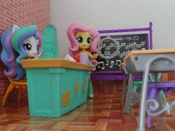 Size: 1512x1134 | Tagged: safe, artist:whatthehell!?, fluttershy, princess celestia, principal celestia, equestria girls, g4, board, chair, classroom, clothes, desk, doll, equestria girls minis, gem, irl, musical instrument, photo, tambourine, toy