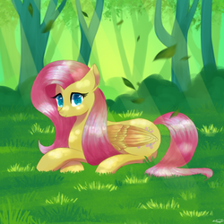 Size: 1000x1000 | Tagged: safe, artist:sailesnake, fluttershy, pegasus, pony, g4, female, folded wings, grass, lying down, mare, outdoors, pink mane, pink tail, prone, solo, tail, tree, wings