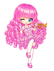 Size: 800x1059 | Tagged: safe, artist:nukababe, pinkie pie, human, g4, bare shoulders, chibi, clothes, cute, female, gloves, humanized, light skin, mary janes, musical instrument, one eye closed, open mouth, peace sign, shoes, simple background, skirt, solo, stockings, thigh highs, transparent background, trumpet, wink