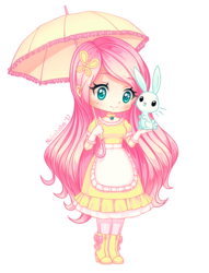 Size: 800x1045 | Tagged: safe, artist:nukababe, angel bunny, fluttershy, human, g4, boots, chibi, clothes, cute, dress, female, gloves, hair accessory, humanized, light skin, shoes, simple background, solo, transparent background, umbrella