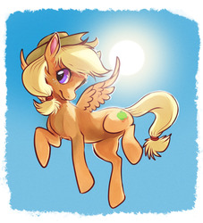 Size: 812x896 | Tagged: safe, artist:starloo, oc, oc only, oc:applebeans, pony, cowboy hat, female, flying, hat, mare, solo, sun