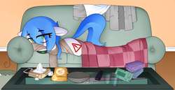 Size: 3500x1800 | Tagged: safe, artist:fullmetalpikmin, oc, oc only, oc:mal, pony, blanket, clothes, couch, cough drops, looking at you, lying down, medicine, red nosed, sick, snot, solo, sweater, tissue, tissue box